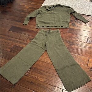 Aerie CozyUp Waffle Polo Sweater and Waffle Skater Pant Set (XS) (Festive Olive)